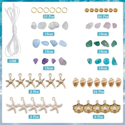 SUNNYCLUE 1 Box 6 Sets Sea Bracelet Making Kit Natural Stone Chip Beads Enamel Starfish Shell with Acrylic Pearl Rose Quartz Stone Chip Bead for Jewelry Making Kit Women Adults Starters Gift - style: Ocean 1