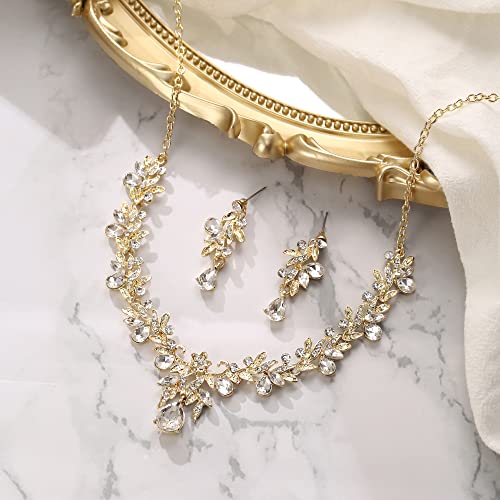 Women's Wedding Jewelry Set Leaf Flower for Bridal Prom Party | Stunning Crystal Teardrop Marquise Cluster Pendant Necklace Dangle Earrings Set for Bride Bridesmaid - color: 03-Clear Gold-Plated-Base