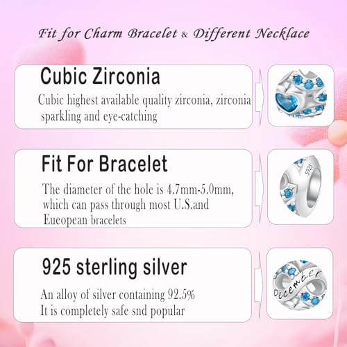 MICOO 925 Sterling Silver Jan-Dec Birthstone Charms For Bracelets and Necklaces, Original DIY Bead Charms With Cubic Zirconias Jewelry Birthday Gifts For Women. - color: 93-12Dec Birthstone charm