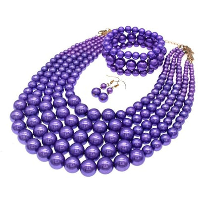 Faux Big Pearl Srand Necklaces for Women 5 Layers Pearls Choker Bib Collar Necklace Bracelet and Earrings set 1920s Costume Pearl Jewelry Bridal Wedding - color: purple