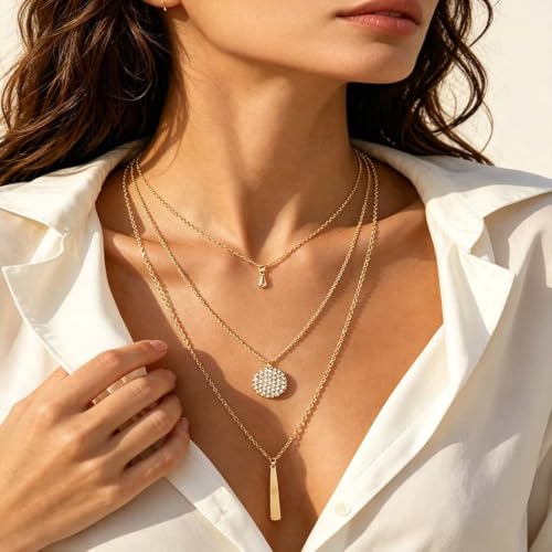 Yalice Dainty Gold/Silver Layered Necklace Chain for Women Sequins Bar Pendant Trendy Jewelry Gift - color: Gold