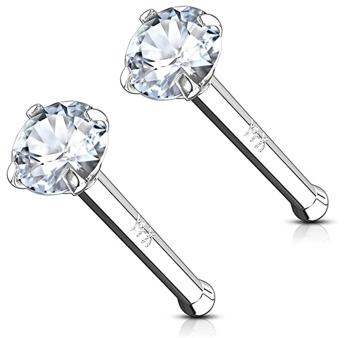 Forbidden Body Jewelry 14k Gold Nose Ring, 20g, Solid 6mm Stud, 2mm CZ Simulated Diamond, Non-Irritating Skin Safe Real Gold, Women and Men - color: 2pcs: 14k White Gold