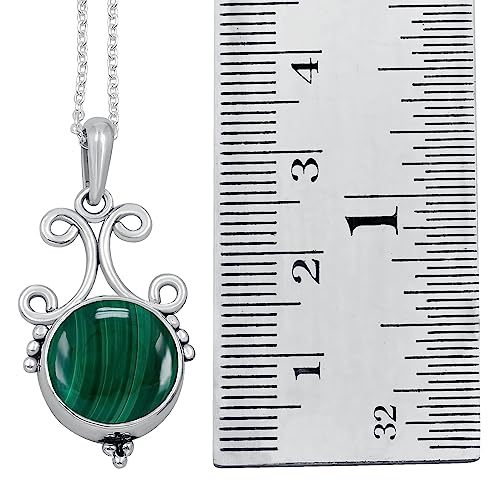 Natural Round Gemstone Pendant Necklace for Women, 925 Sterling Silver | Solitaire Birthstone Jewelry With 18 Inch Chain, Handmade Semi Precious Stone Pendant, Jewelry Gift for Mom, Wife & Sister - color: Malachite