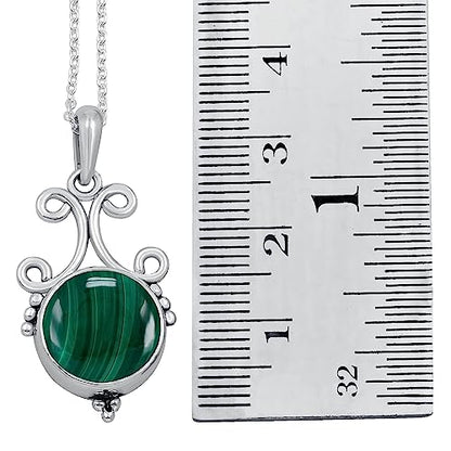 Natural Round Gemstone Pendant Necklace for Women, 925 Sterling Silver | Solitaire Birthstone Jewelry With 18 Inch Chain, Handmade Semi Precious Stone Pendant, Jewelry Gift for Mom, Wife & Sister - color: Malachite