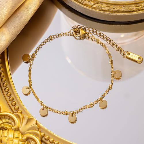 Dainty Gold Anklets for Women Stainless Steel Simple Ankle Bracelets Summer Beach Foot Chain Jewelry Gift - color: Disc Charm
