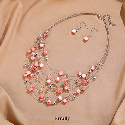 Multi-Layer Boho Shell Beaded Necklace for Women Colorful Crystal Strand with Silver Beads Statement Collars Necklace and Earrings Costumes Jewelry Sets for Women - color: Pink