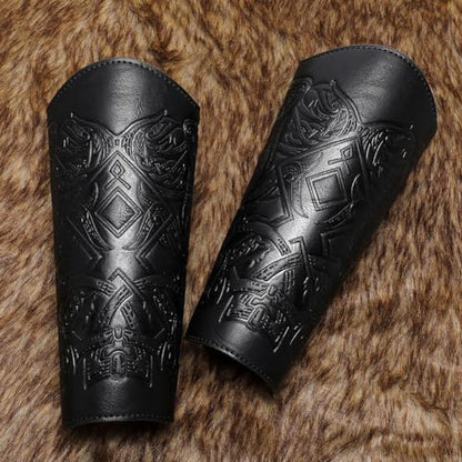 Medieval Leather Bracers Dragon Embossed Viking Leather Bracers Leather Arm Armer Cuff Leather Gauntlet Costumes Accessories - style: Viking Angle Wings Leather Bracers-black