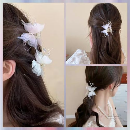 4PCS Butterfly Hair Clips,2" Small Tulle Mesh Butterfly Hair Bows for Girls, Toddlers & Kids- Pearl Decorated hair claw clips，Girls Hair Accessories for Party Birthday Wedding(Pink,White)