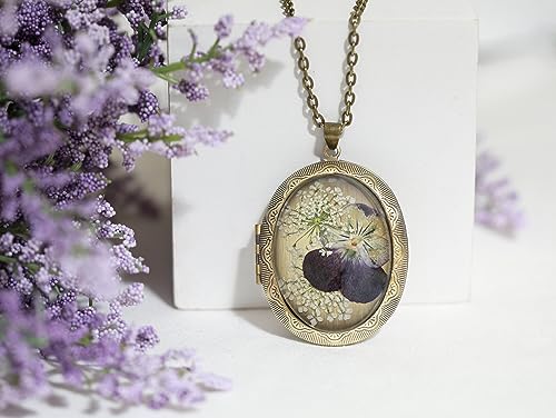 Handmade Oval Shaped Photo Locket with dried Pressed Flowers Locket pendant Necklace - style: Pansy