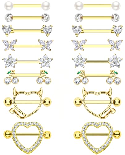 8 Pairs Gold Plated Nipple Rings for Women 14G Surgical Stainless Steel Nipple Piercing Jewelry Heart Cherry Butterfly Flower Nipple Barbells - color: Gold Tone Clear CZ