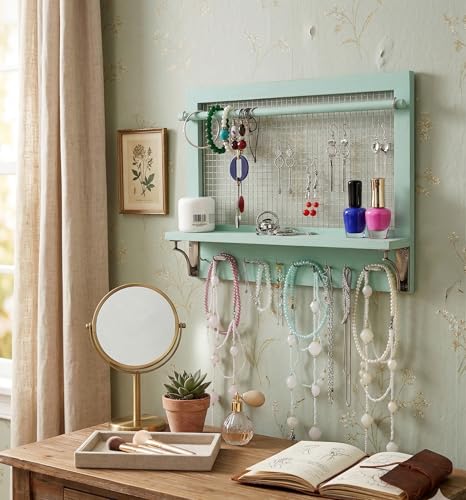 Jewelry Organizer, Wall Mount Jewelry Holder Rack with Hooks Shelf and Removable Rod Hanging Display Earrings Necklaces Bracelets Rings Storage Accessories Wood in Shabby Chic Turquoise - color: Shabby Chic Turquoise