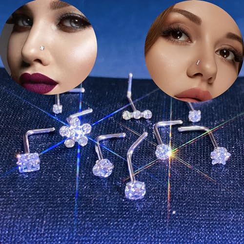 14k Gold Plated Nose Rings Studs for Women 316L Surgical Steel Nose Piercings 22g/20g/18g Gauges 1.5mm/2mm/2.5mm/3mm/3.5mm/4.5mm Sizes - color: 20g 9pcs S Silver Surgical Steel
