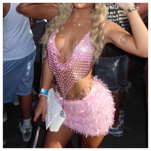 Bikini Rhinestone Mesh Top Shirt Crystal Bra Body Chain Festival Rave Crop Tank Top Summer Beach Underwear for Women - color: Pink
