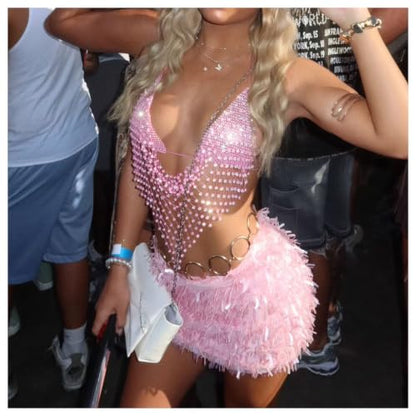 Bikini Rhinestone Mesh Top Shirt Crystal Bra Body Chain Festival Rave Crop Tank Top Summer Beach Underwear for Women - color: Pink