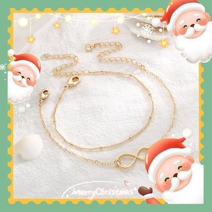 Dainty Gold Bracelets for Women, 14K Gold Plated Adjustable Layered Beads Bracelet Cute Evil Eye Oval Chain Pearl Bar Turtle Gold Bracelets for Women Jewelry - style: Infinity&Beads Chain