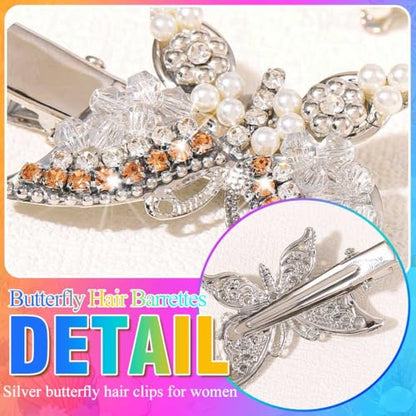 BARTOSI Butterfly Hair Clips Gold Fancy Hair Clip Rhinestone Butterfly Hair Accessories for Women and Girls (Pack of 2) - color: Silver