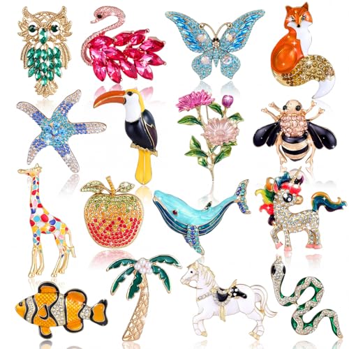 Sasylvia 16 Pcs Women Brooch Set Rhinestone Vintage Animal Insect Plant Pins Brooches Bulk for Christmas Women Girls Gifts - style: Elegant