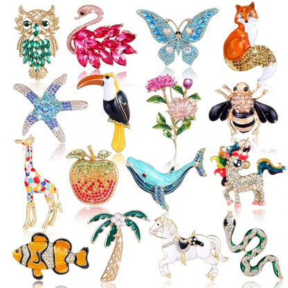Sasylvia 16 Pcs Women Brooch Set Rhinestone Vintage Animal Insect Plant Pins Brooches Bulk for Christmas Women Girls Gifts - style: Elegant