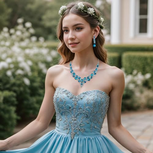 Women's Wedding Statement Necklace Dangle Earring Jewelry | Austrian Crystal Teardrop Cluster,Necklaces Earrings Set for Bride Bridesmaid,Prom Accessories - color: 17-Sky Blue Silver-Tone