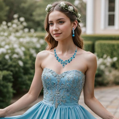 Women's Wedding Statement Necklace Dangle Earring Jewelry | Austrian Crystal Teardrop Cluster,Necklaces Earrings Set for Bride Bridesmaid,Prom Accessories - color: 17-Sky Blue Silver-Tone