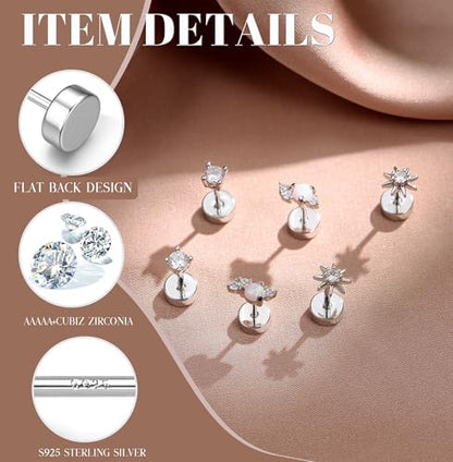 14K Gold Plated 925 Sterling Silver Flat Back Earrings Set | Hypoallergenic Cartilage Helix Conch Tragus Piercing Jewelry 3 Pairs Small Screw Dainty CZ Opal Earring Set Men Women - color: Silver, Style A