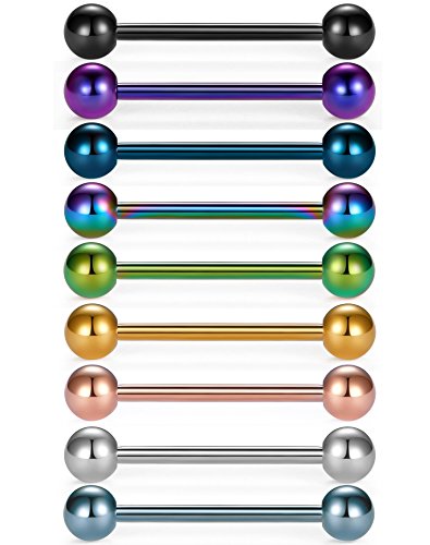 VCMART 12mm-18mm 14G Tongue Rings Nipple Straight Barbells Surgical Steel Body Piercing Jewelry - style: Style A -9pcs with 9 colors