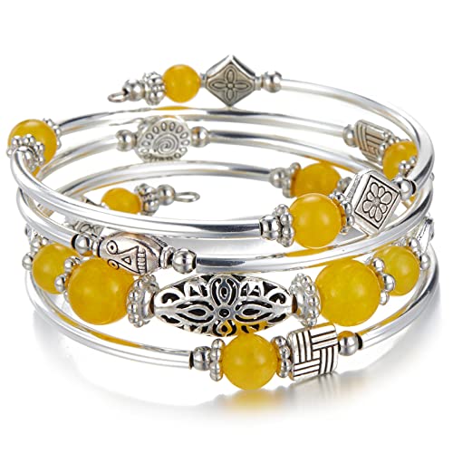 BULINLIN Layered Wrap Bangle Turquoise Bracelet - Bead Bracelet with Natural Agate Stone, Gifts For Women - color: 03-Yellow