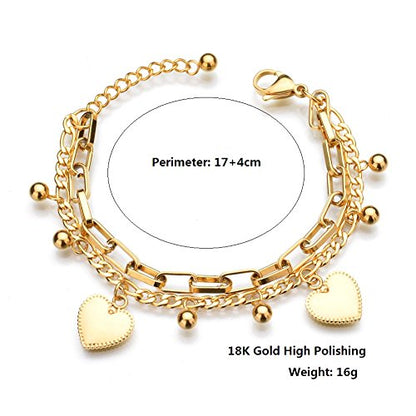 LUREME 18K Gold Stainless Steel Multi Chains Bracelet with Ball and Heart Charms for Women