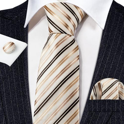 YOHOWA Men Plaid/Striped Ties Clip Set Silk Necktie Pocket Square Cufflinks | Woven Classic,Formal/Casual Mens Tie,Pocket Square Cufflinks Set,Luxury,Business,Wedding,Party,Prom,Graduation - color: Beige Black