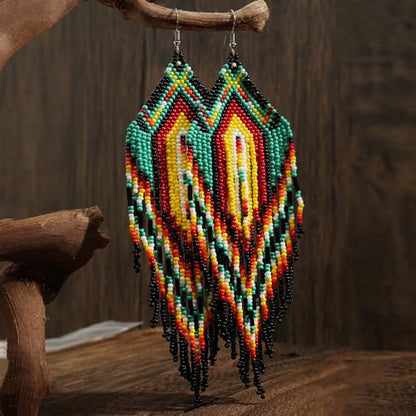 Bohemian Tassel Colorful Beaded Earrings For Women Trendy, Long Fringe Feather Drop Jewelry Handmade Gifts. - color: color8