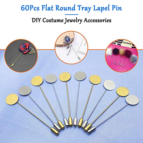 60Pcs Flat Round Tray Lapel Pin,Stainless Steel Safety Pins Stick Pins Brooch Pin Needle Suit Tie Hat pin Scarf Badge for DIY Costume Jewelry Making Accessories - color: Gold, Silver
