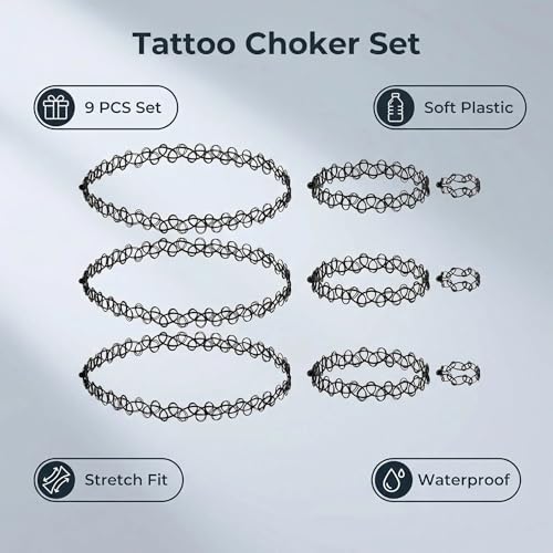 12PC Tattoo Choker Necklace Set- 90s Accessories 2000s Jewelry Fashion- Rainbow Goth Black White Blue Green Pink - Adjustable Stretchy Elastic Necklace for Women - color: black-9p