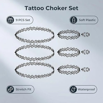 12PC Tattoo Choker Necklace Set- 90s Accessories 2000s Jewelry Fashion- Rainbow Goth Black White Blue Green Pink - Adjustable Stretchy Elastic Necklace for Women - color: black-9p