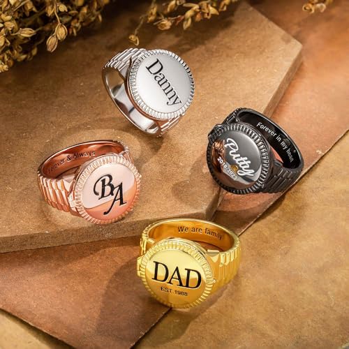 AILIN Custom Picture Rings For Men Personalized Engraved Monogram Initial Number Family Crest Coat of Arms Signet Rings For Father Son Family Memorial Dad Rings Class Graduation Gifts For Papa - style: Round Style