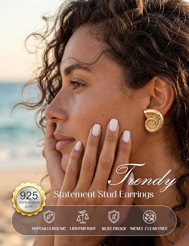 Chunky Gold Stud Earrings for Women Sterling Silver Earring Hypoallergenic | Non Tarnish 14K Gold Plated 925 Silver Posts for Sensitive Ears,Knot Statement Dangle Earrings Gold Jewelry Gifts Lightweight - color: gold plated-conch
