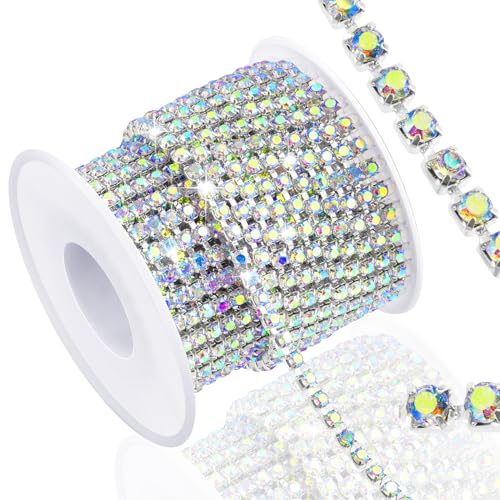 Rhinestone Chain, 10-Yards 2MM Rhinestones for Bedazzling for Sewing Shoes, Clothes Cups, Rhinestone Chains for Jewelry Making Bouquet DIY Decoration, AB Color Rhinestones Chain - color: Silver Base with AB Rhinestones, Length: 10 Yards, Width: 2MM/0.08In