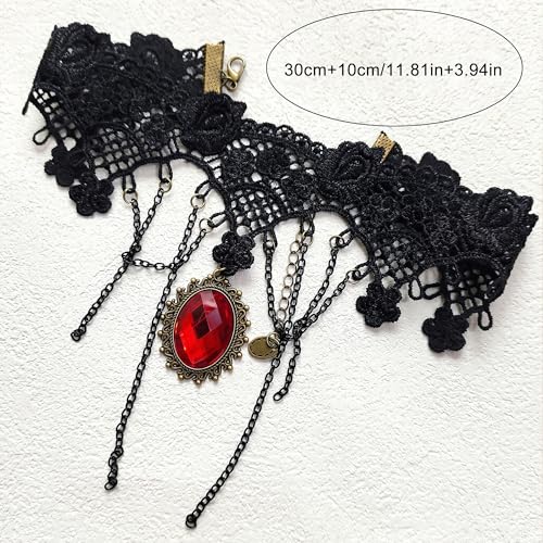 Qceasiy Gothic Black Necklace for Women, Adjustable Victorian Velvet Lace Collar, Halloween Party Cosplay Jewelry Gift - style: Red Gem Chain