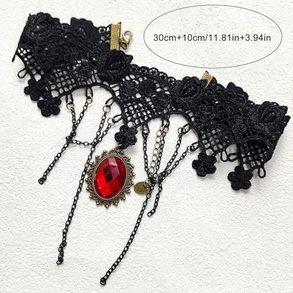 Qceasiy Gothic Black Necklace for Women, Adjustable Victorian Velvet Lace Collar, Halloween Party Cosplay Jewelry Gift - style: Red Gem Chain