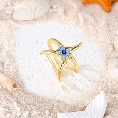 925 Sterling Silver Adjustable Rings for Women 14K Gold Plated Thumb Rings | Stackable Statement Eternity Rings Dainty Starfish Star Moon Heart Lucky Open Ring Trendy Jewelry Birthday Gifts for Ladies - color: Gold starfish opening ring