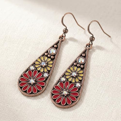 Bohemian Crystal Teardrop Dangle Earrings, Copper, Tribal Geometric Design, Handmade National Style for Women - color: Red
