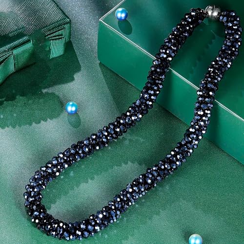 Hand Knotted Beads Statement Necklace Bracelet Jewelry Set Artificial Crystal Choker for Women- Handmade Beaded Strand Sparkly Faceted Crystal Rondelle-17inches, 30 Colors - color: Light Blue