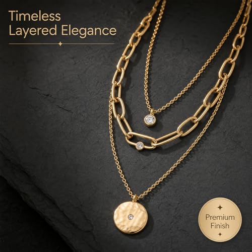 3 Pcs Layered Necklaces for Women, Stackable Statement Jewelry | Trendy stackable jewelry set! 3 separate lightweight chains. Perfect statement gift for women to elevate any daily outfits. - color: Yellow Gold (Coin Stack)