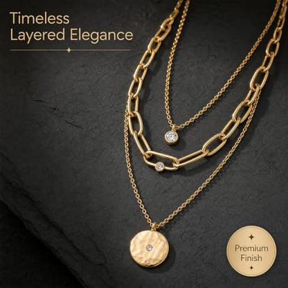 3 Pcs Layered Necklaces for Women, Stackable Statement Jewelry | Trendy stackable jewelry set! 3 separate lightweight chains. Perfect statement gift for women to elevate any daily outfits. - color: Yellow Gold (Coin Stack)