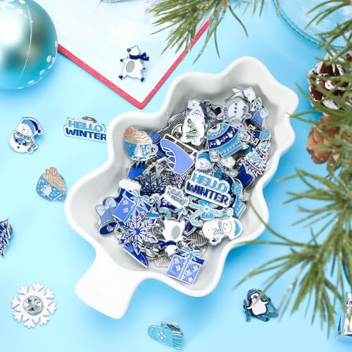 SANNIX 60Pcs Winter Pins, Christmas Winter Enamel Lapel Pins Snowflake Snowman Polar Bear Penguin Brooch Pins Blue White Christmas Holiday Pin Badge for Clothes Bags Hats Accessories Gifts, 30 Styles - style: Winter Pins