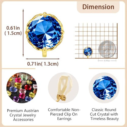 Round Austrian Crystal Clip On Earrings for Women Non Pierced Earrings, Hypoallergenic Clip-on Earrings Jewelry Gift for Sensitive Ears - color: Blue