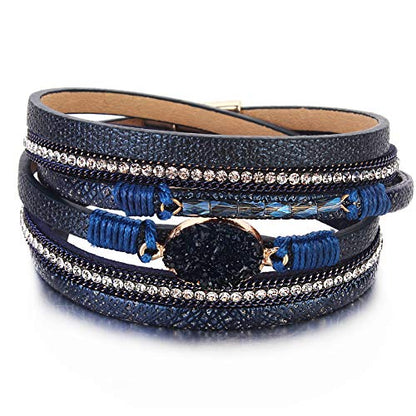 Boho Chunky Leather Wrap Bracelets Stackable Beaded Western Country Jewelry | Crystal Bead Trendy Layered Cuff Magnetic Clasp Stack Bohemian Statement Costume Outfits Cowgirl Fashion Hippie Accessories - color: Navy Blue, size: 14.7"