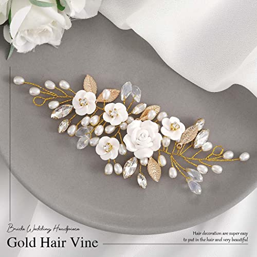 GORAIS Flower Wedding Hair Vine Pearl Bridal Hair Pieces Crystal Hair Accessories for Bride and Women - color: b-gold
