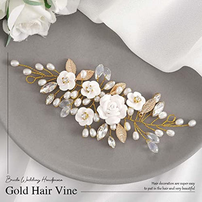 GORAIS Flower Wedding Hair Vine Pearl Bridal Hair Pieces Crystal Hair Accessories for Bride and Women - color: b-gold