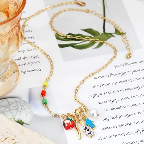 Charm Necklace for Women Gold Evil Eye Sun Moon Flower Coin Pendant Necklace Dainty Paperclip Chain Vintage Luck Amulet Choker Necklaces Celestial Jewelry Gift - style: 5 Charms-Blue Eye