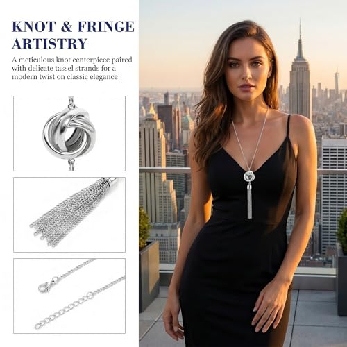 Long Silver Tone Tassel Necklace for Women Trendy Western Jewelry Knot Pendant Statement Snake Chain Lovely Charm for a Great Present